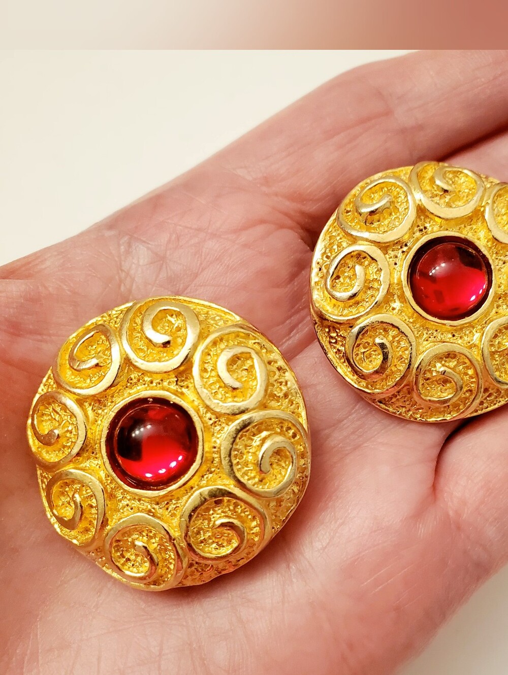 1980's Gold-Tone Swirl Clip Earrings with Red Cabochon, Large Statement Clips